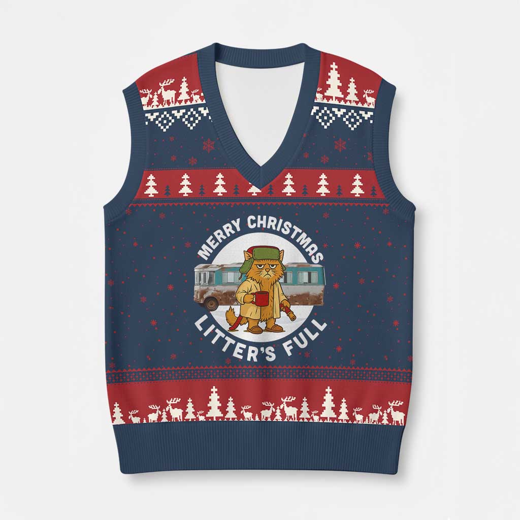 Merry Xmas Litters Full V-Neck Knit Sweater Vest Funny Xmas Vacation Cat TS10 Navy Red Print Your Wear