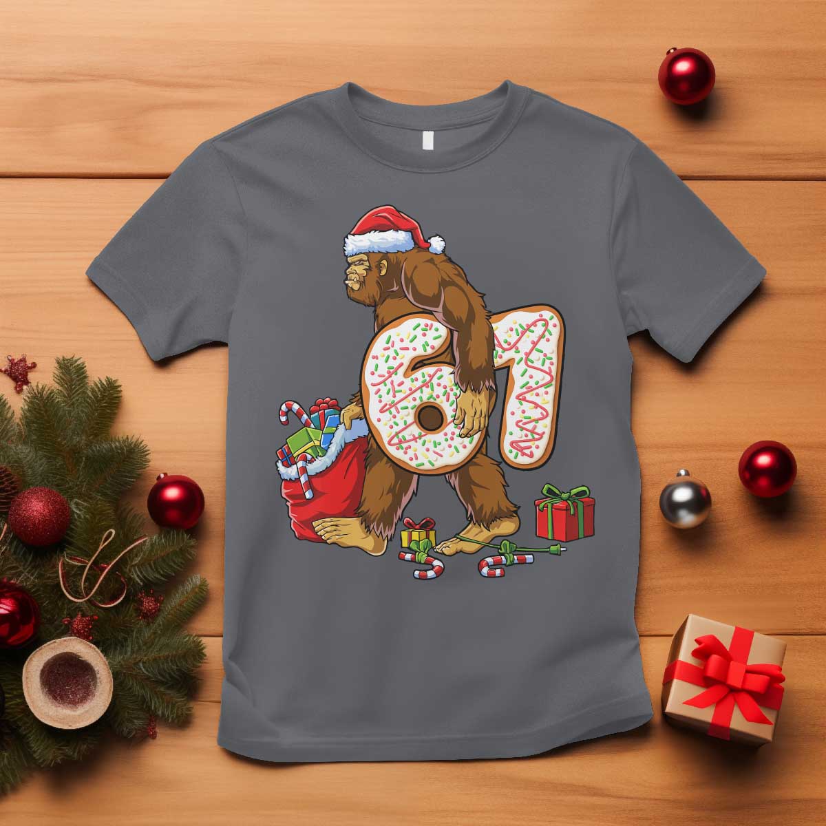 Christmas Bigfoot 67 Meme T Shirt Funny Six Seven Gen Alpha Slang Sasquatch TS10 Charcoal Print Your Wear