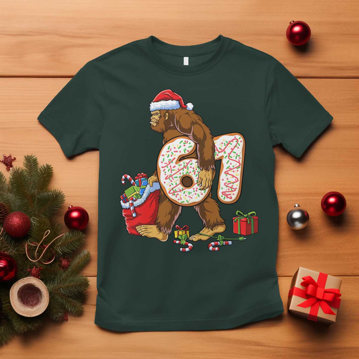 Christmas Bigfoot 67 Meme T Shirt Funny Six Seven Gen Alpha Slang Sasquatch TS10 Dark Forest Green Print Your Wear