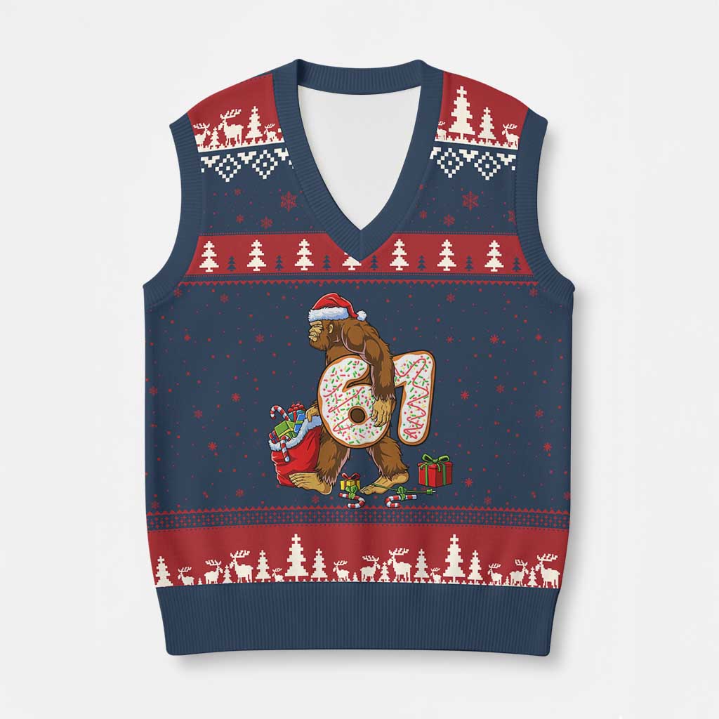 Xmas Bigfoot 67 Meme V-Neck Knit Sweater Vest Funny Six Seven Gen Alpha Slang Sasquatch TS10 Navy Red Print Your Wear