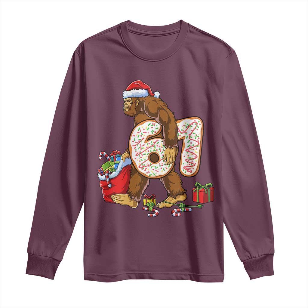 Christmas Bigfoot 67 Meme Long Sleeve Shirt Funny Six Seven Gen Alpha Slang Sasquatch TS10 Maroon Print Your Wear