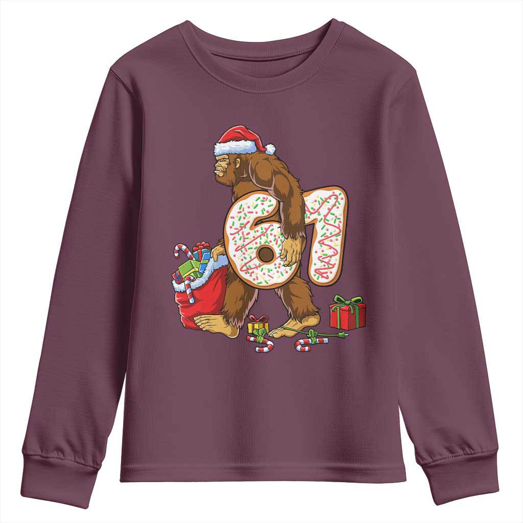 Christmas Bigfoot 67 Meme Youth Sweatshirt Funny Six Seven Gen Alpha Slang Sasquatch TS10 Maroon Print Your Wear