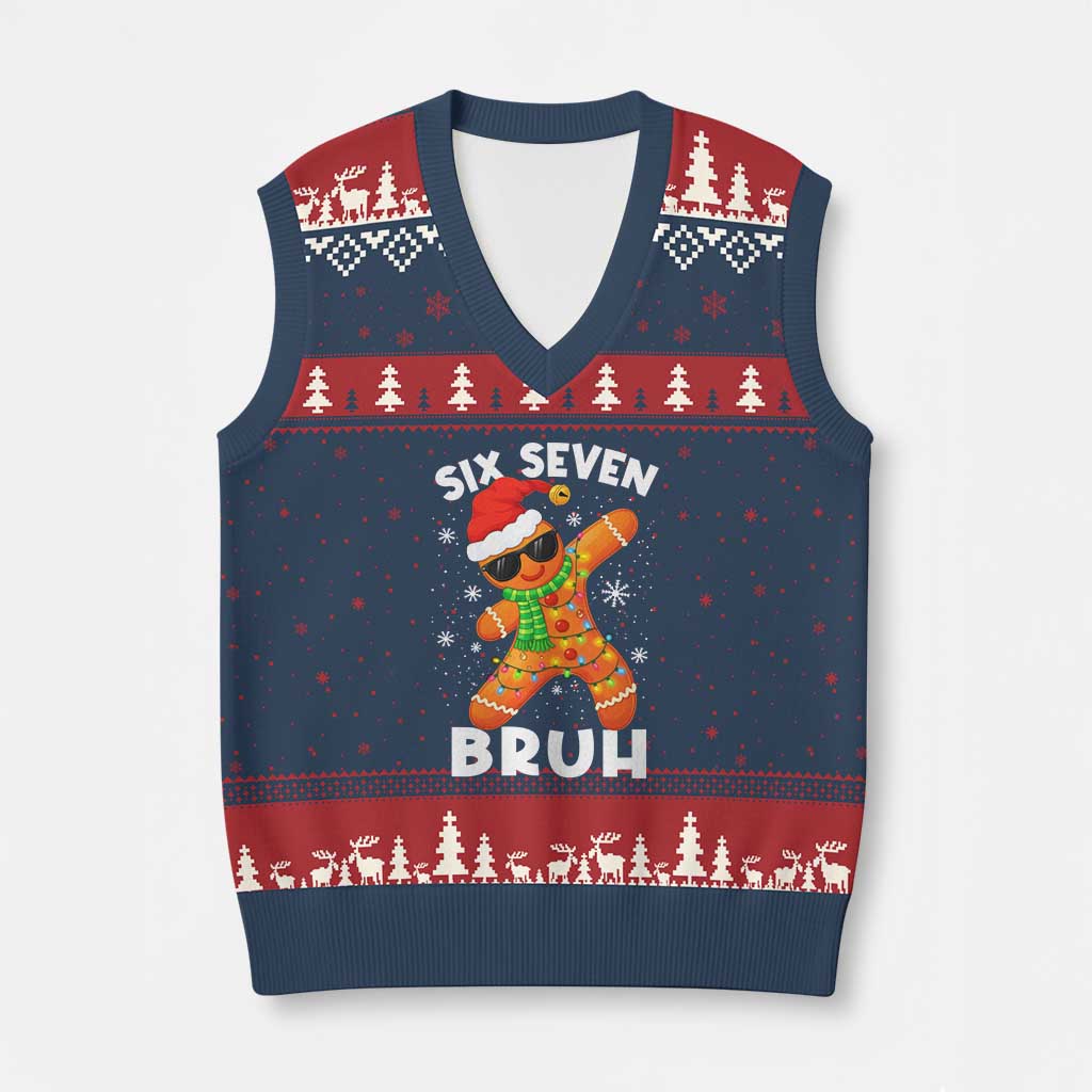 67 Xmas Six Seven Bruh Gingerbread V-Neck Knit Sweater Vest Funny Six Seven Meme Boys TS10 Navy Red Print Your Wear