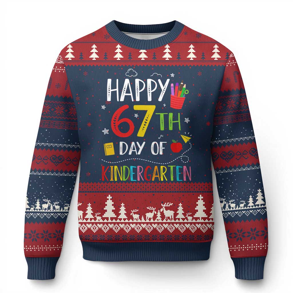 67 Days Of Kindergarten Ugly Christmas Sweater Happy 67th Day Of School Teachers Student Meme TS10 Navy Red Print Your Wear