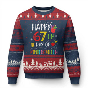 67 Days Of Kindergarten Ugly Christmas Sweater Happy 67th Day Of School Teachers Student Meme TS10 Navy Red Print Your Wear