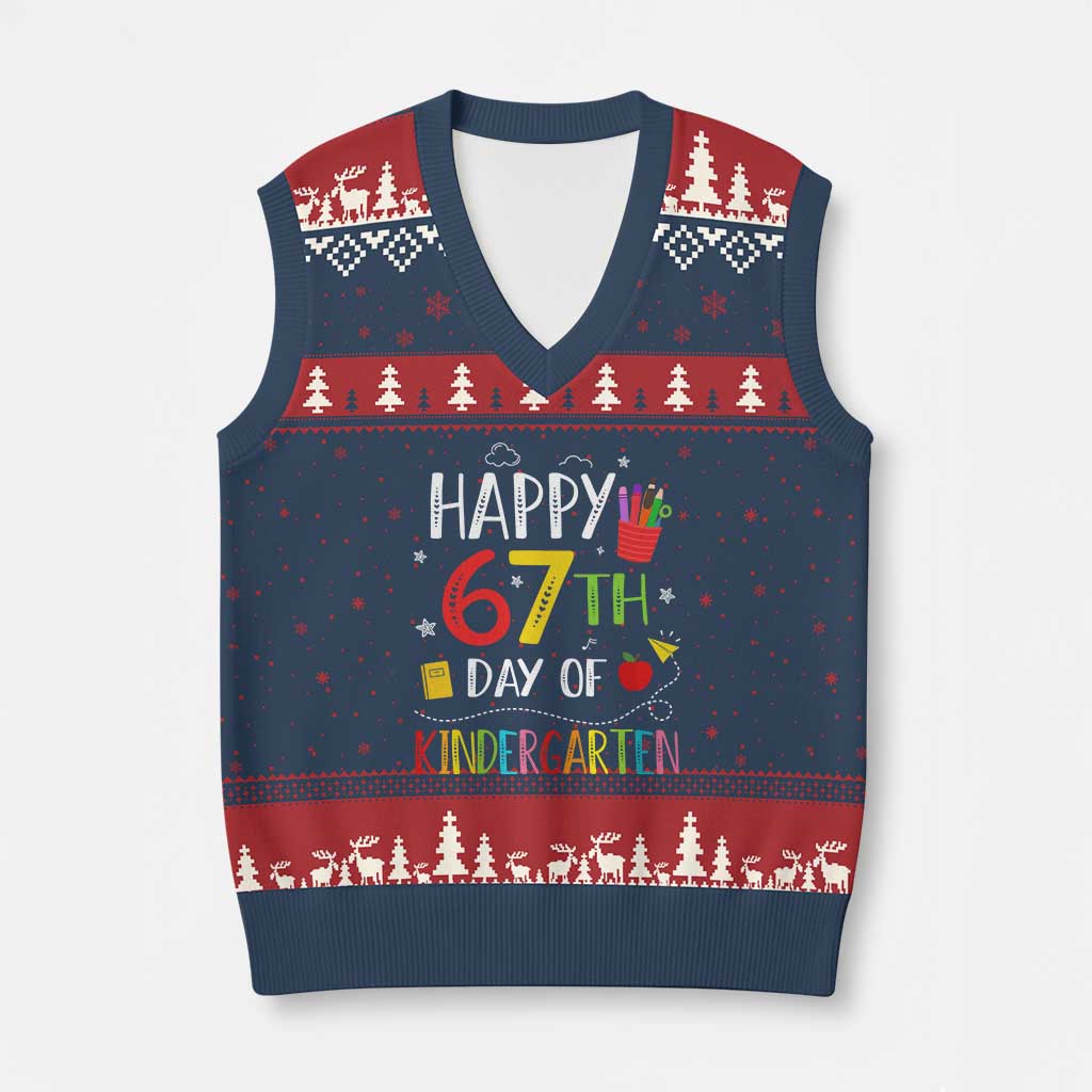 67 Days Of Kindergarten V-Neck Knit Sweater Vest Happy 67th Day Of School Teachers Student Meme TS10 Navy Red Print Your Wear