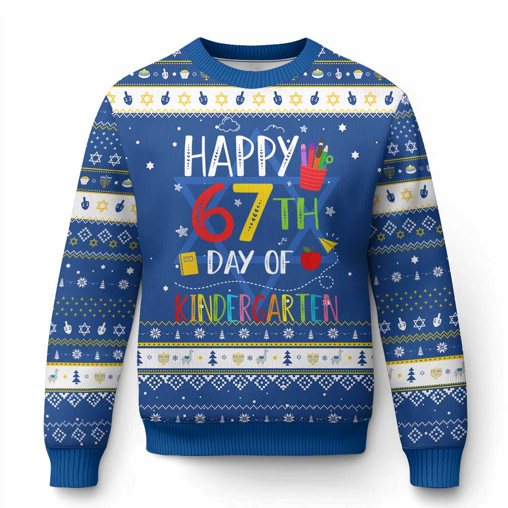 67 Days Of Kindergarten Hanukkah Ugly Sweater Happy 67th Day Of School Teachers Student Meme TS10 Blue White Print Your Wear