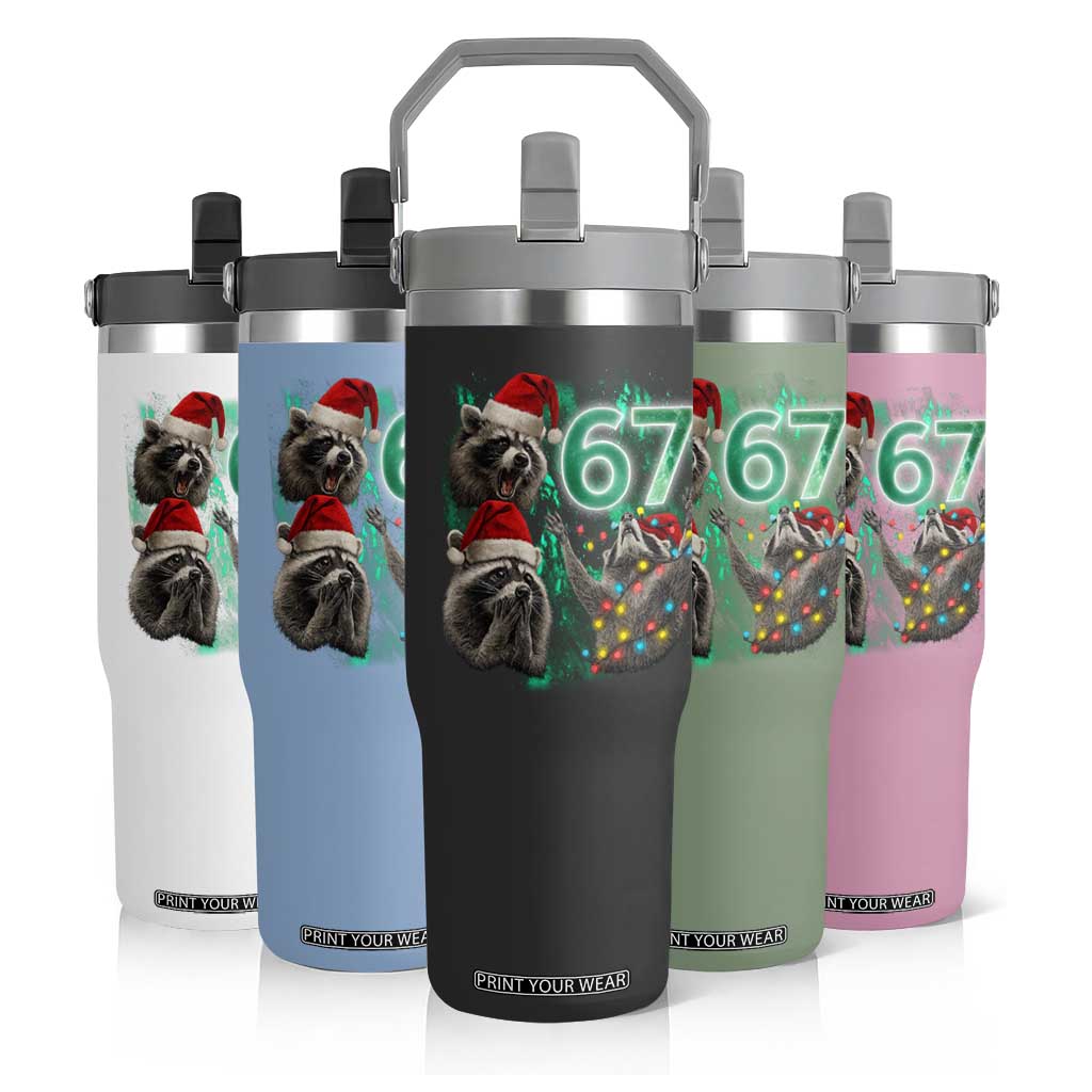 Funny Christmas 67 Meme Racoon Flip Straw Tumbler Howling at The Moon TS10 Print Your Wear