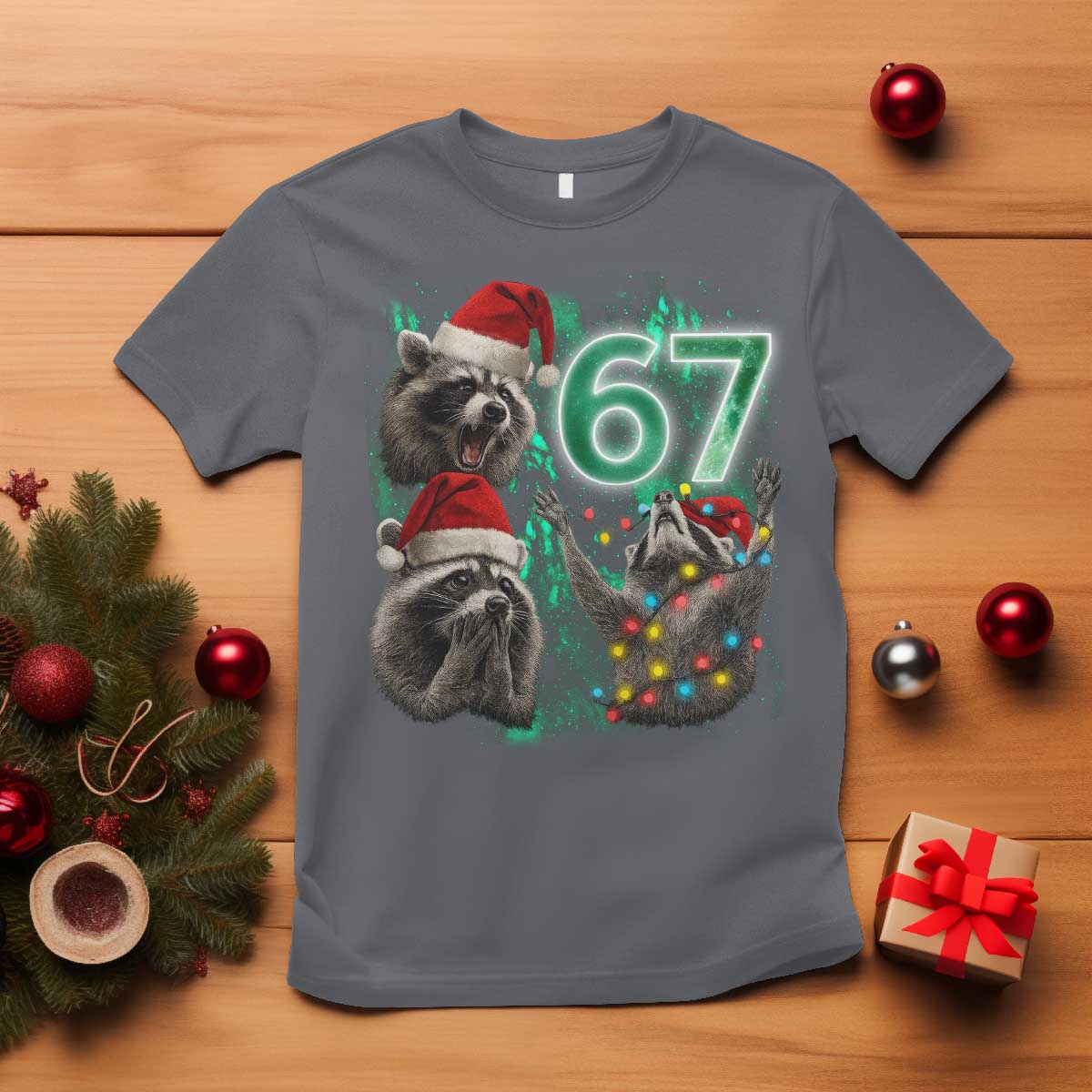 Funny Christmas 67 Meme Racoon T Shirt Howling at The Moon TS10 Charcoal Print Your Wear