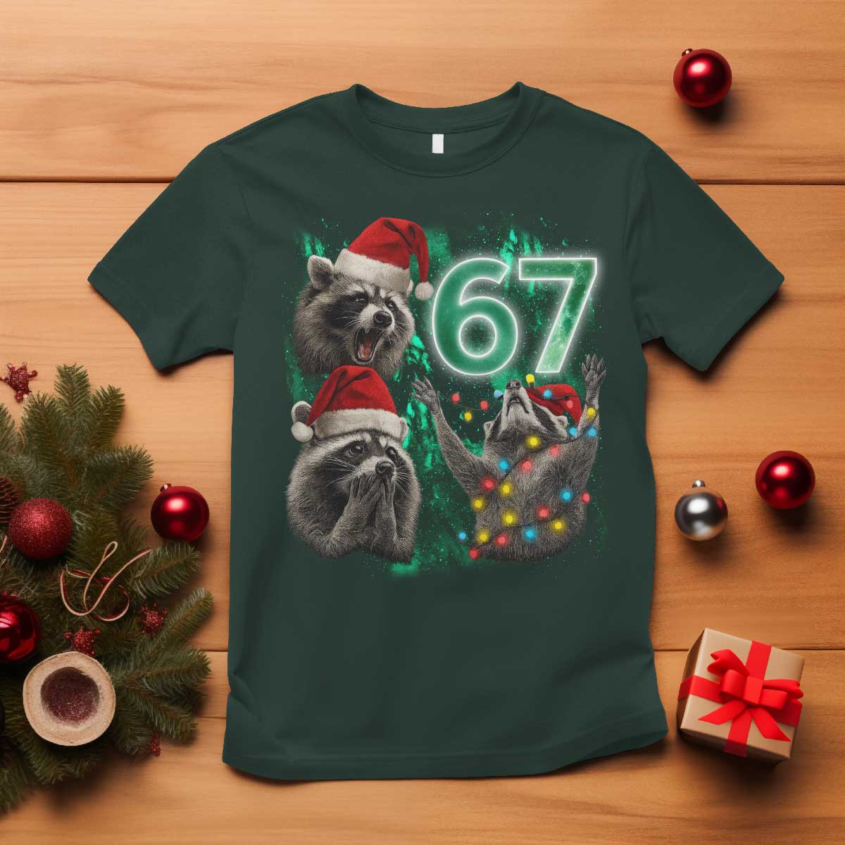 Funny Christmas 67 Meme Racoon T Shirt Howling at The Moon TS10 Dark Forest Green Print Your Wear