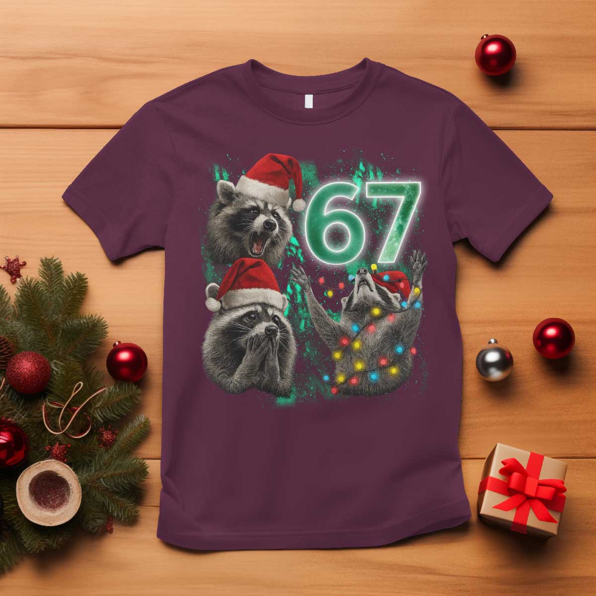 Funny Christmas 67 Meme Racoon T Shirt Howling at The Moon TS10 Maroon Print Your Wear