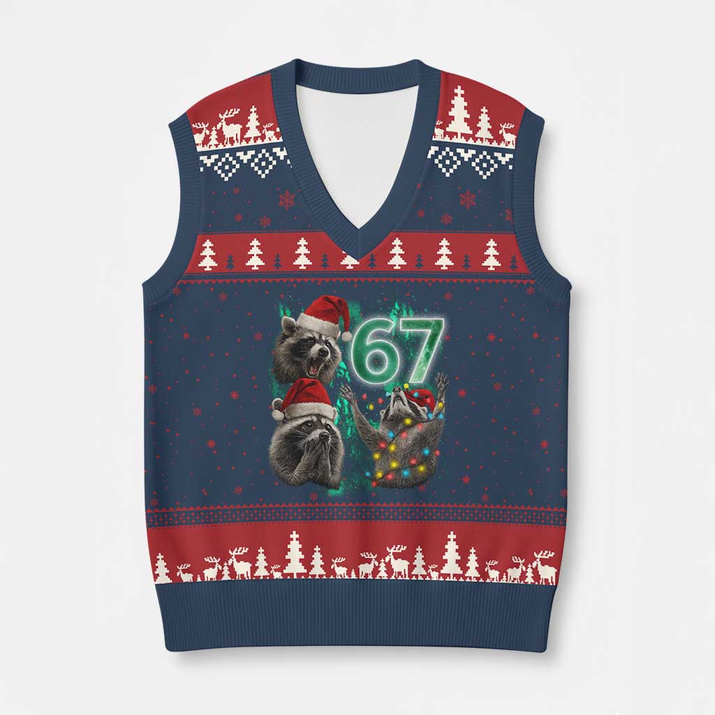 Funny Xmas 67 Meme Racoon V-Neck Knit Sweater Vest Howling at The Moon TS10 Navy Red Print Your Wear