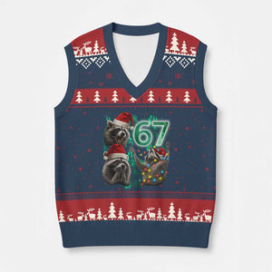 Funny Xmas 67 Meme Racoon V-Neck Knit Sweater Vest Howling at The Moon TS10 Navy Red Print Your Wear
