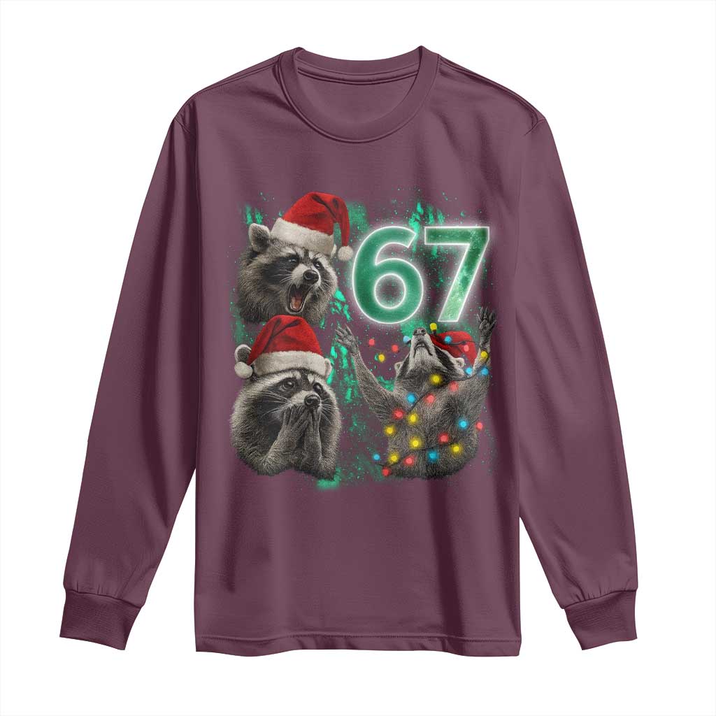 Funny Christmas 67 Meme Racoon Long Sleeve Shirt Howling at The Moon TS10 Maroon Print Your Wear