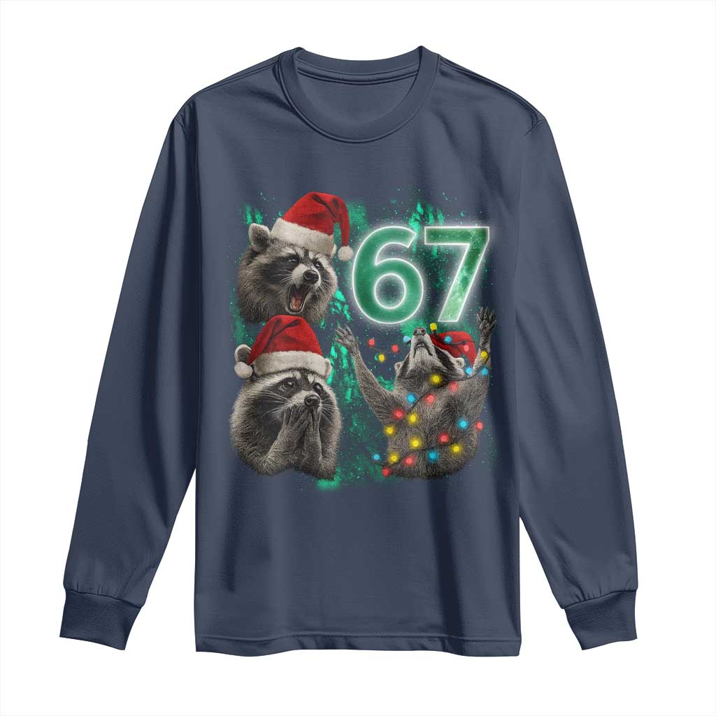 Funny Christmas 67 Meme Racoon Long Sleeve Shirt Howling at The Moon TS10 Navy Print Your Wear