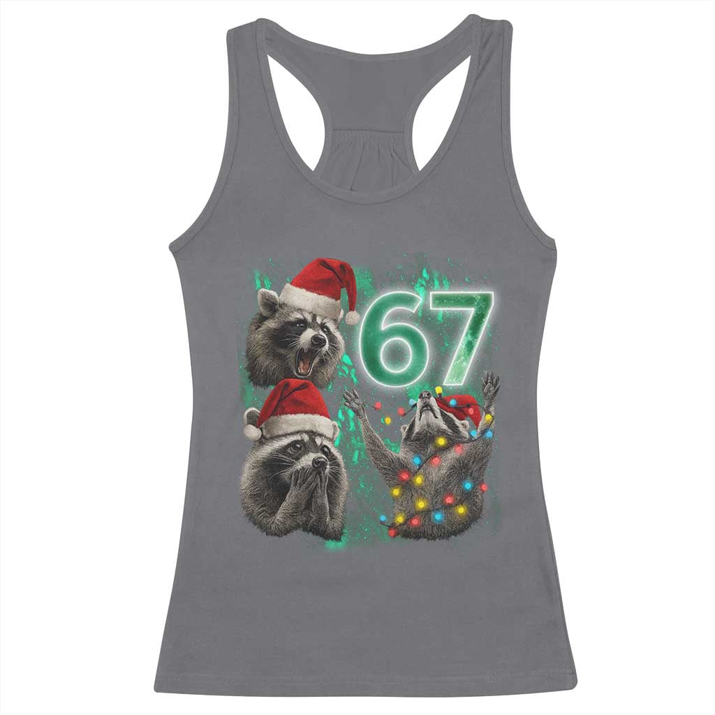 Funny Christmas 67 Meme Racoon Racerback Tank Top Howling at The Moon TS10 Charcoal Print Your Wear