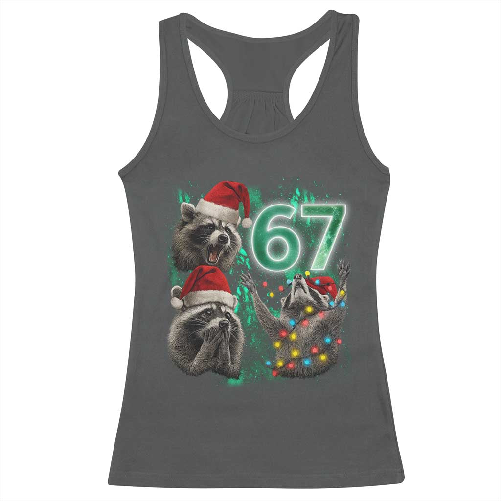 Funny Christmas 67 Meme Racoon Racerback Tank Top Howling at The Moon TS10 Dark Heather Print Your Wear