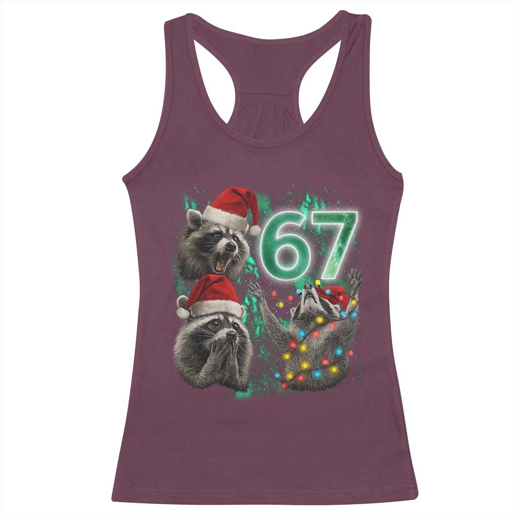 Funny Christmas 67 Meme Racoon Racerback Tank Top Howling at The Moon TS10 Maroon Print Your Wear