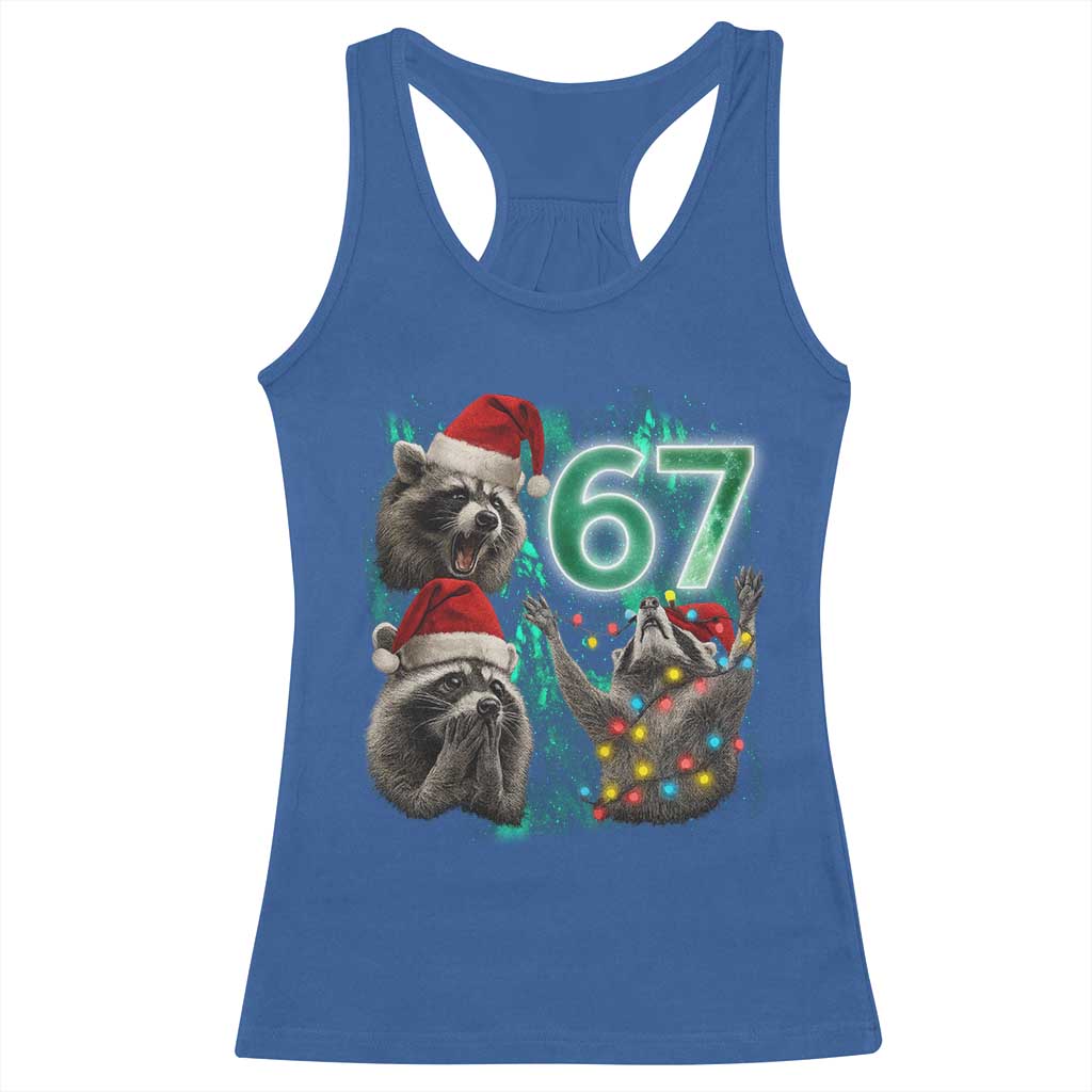 Funny Christmas 67 Meme Racoon Racerback Tank Top Howling at The Moon TS10 Royal Blue Print Your Wear