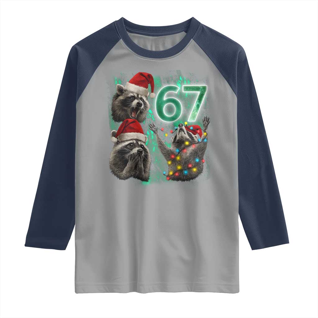 Funny Christmas 67 Meme Racoon Raglan Shirt Howling at The Moon TS10 Sport Gray Navy Print Your Wear