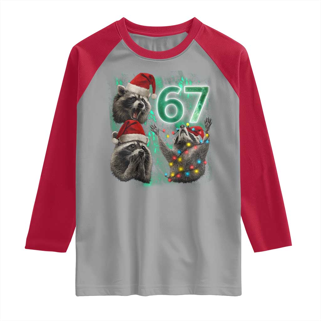 Funny Christmas 67 Meme Racoon Raglan Shirt Howling at The Moon TS10 Sport Gray Red Print Your Wear