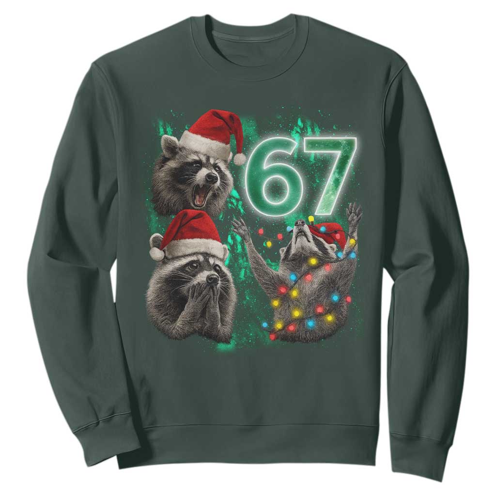 Funny Christmas 67 Meme Racoon Sweatshirt Howling at The Moon TS10 Dark Forest Green Print Your Wear