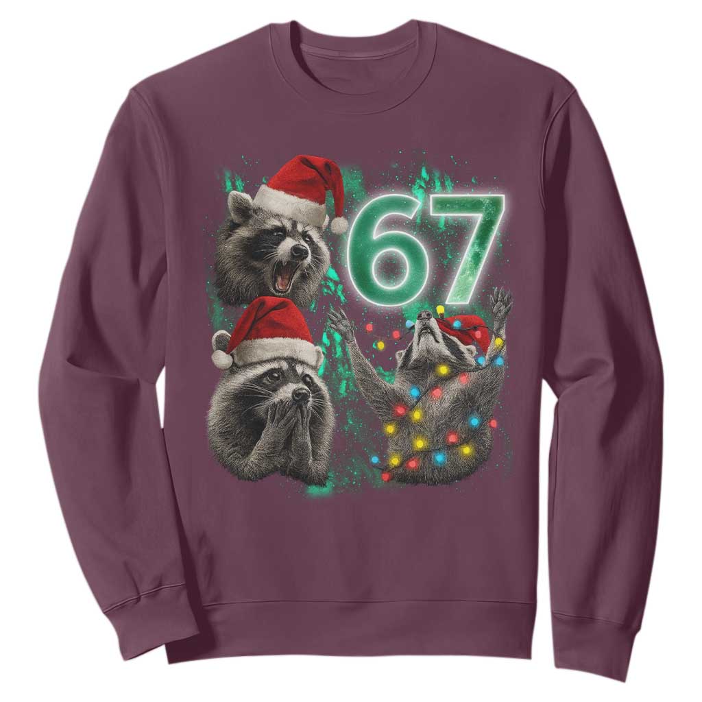 Funny Christmas 67 Meme Racoon Sweatshirt Howling at The Moon TS10 Maroon Print Your Wear