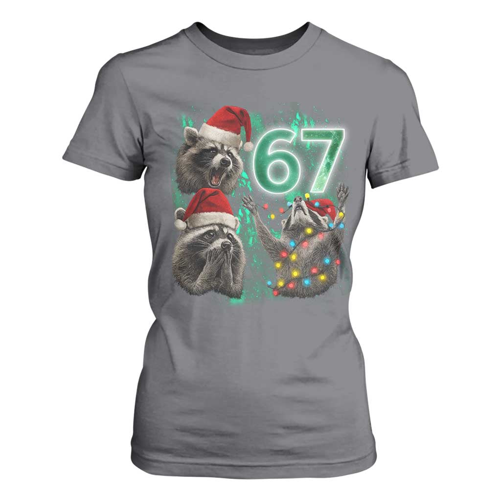 Funny Christmas 67 Meme Racoon T Shirt For Women Howling at The Moon TS10 Charcoal Print Your Wear