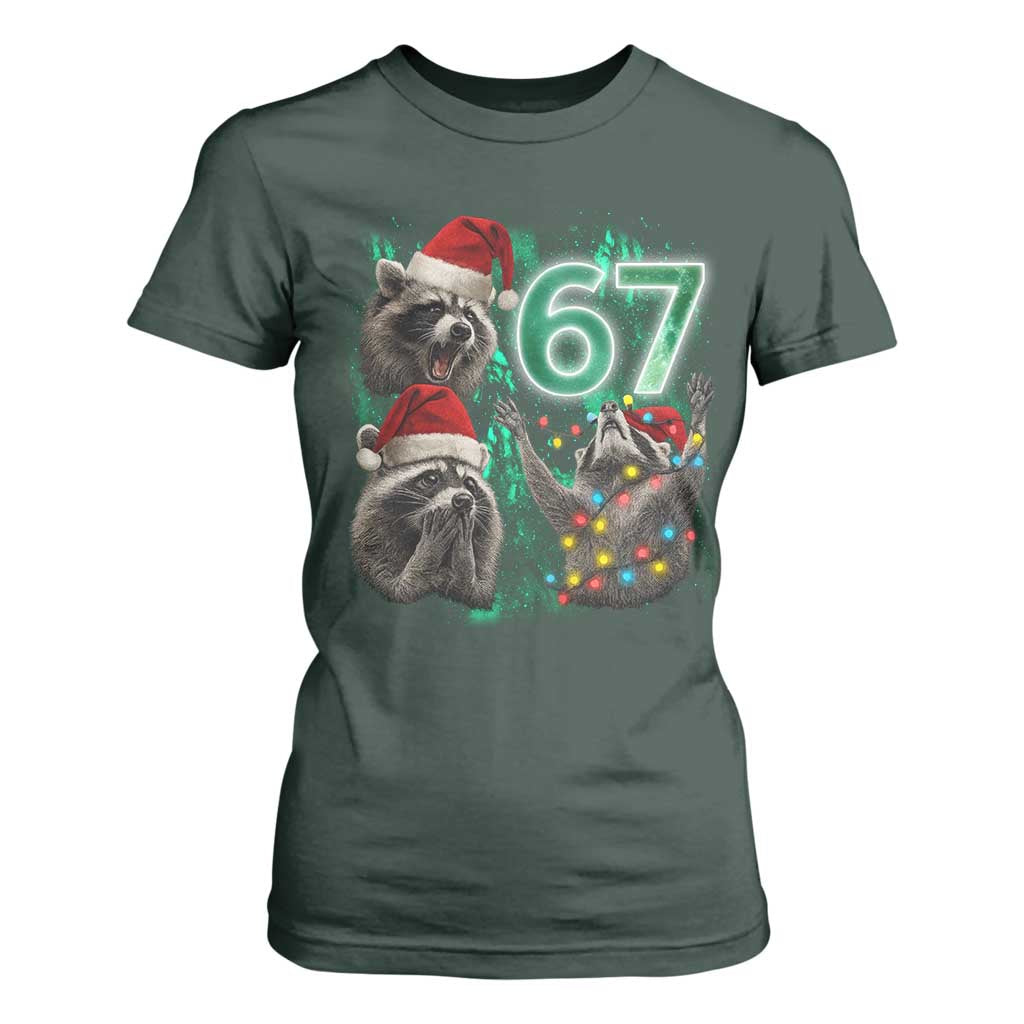 Funny Christmas 67 Meme Racoon T Shirt For Women Howling at The Moon TS10 Dark Forest Green Print Your Wear