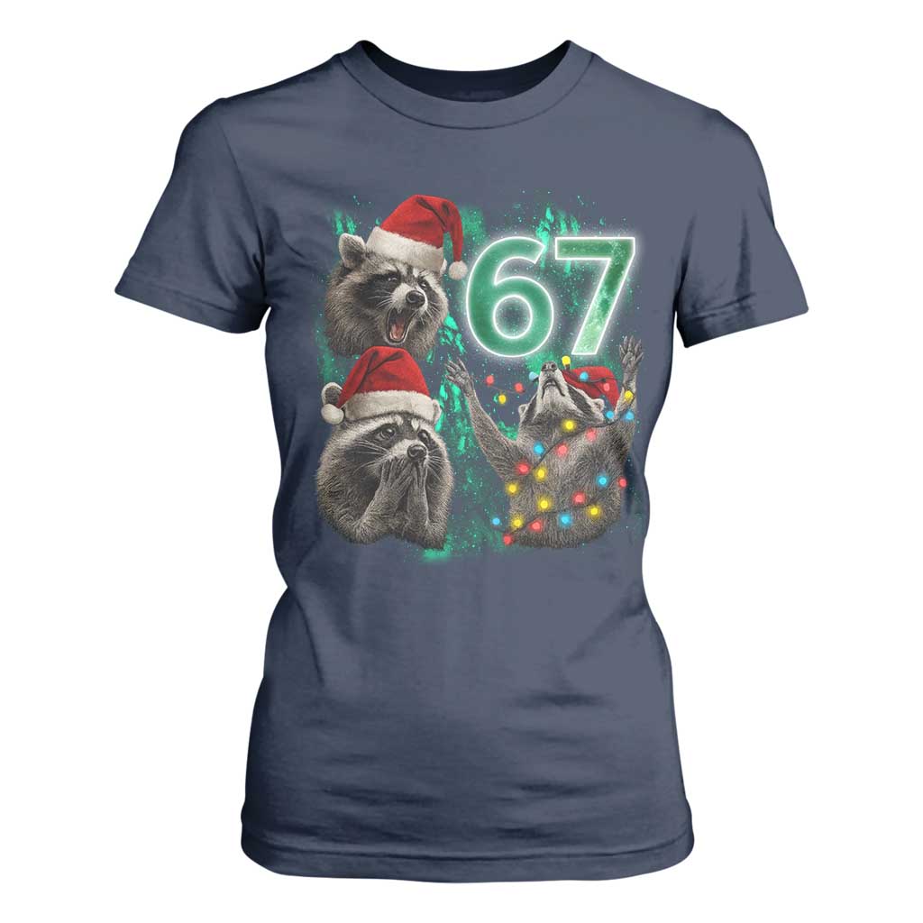 Funny Christmas 67 Meme Racoon T Shirt For Women Howling at The Moon TS10 Navy Print Your Wear