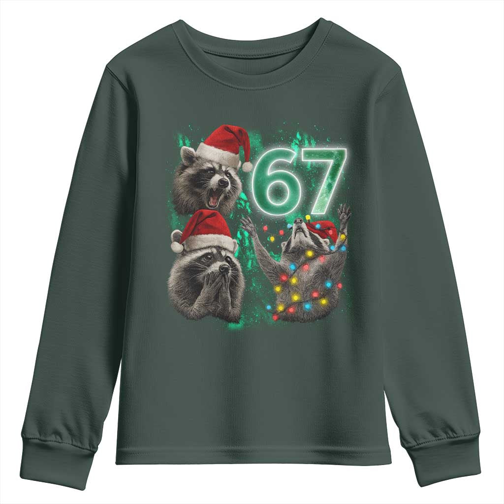 Funny Christmas 67 Meme Racoon Youth Sweatshirt Howling at The Moon TS10 Dark Forest Green Print Your Wear