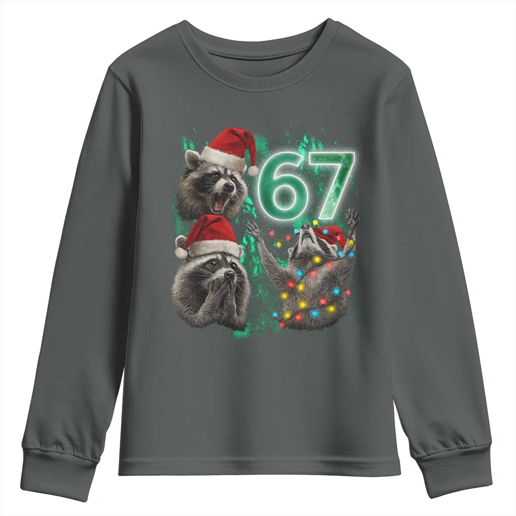Funny Christmas 67 Meme Racoon Youth Sweatshirt Howling at The Moon TS10 Dark Heather Print Your Wear