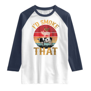 Funny BBQ Raglan Shirt I'd Smoke That Barbecue Retro Grilling Gift TS10 White Navy Print Your Wear