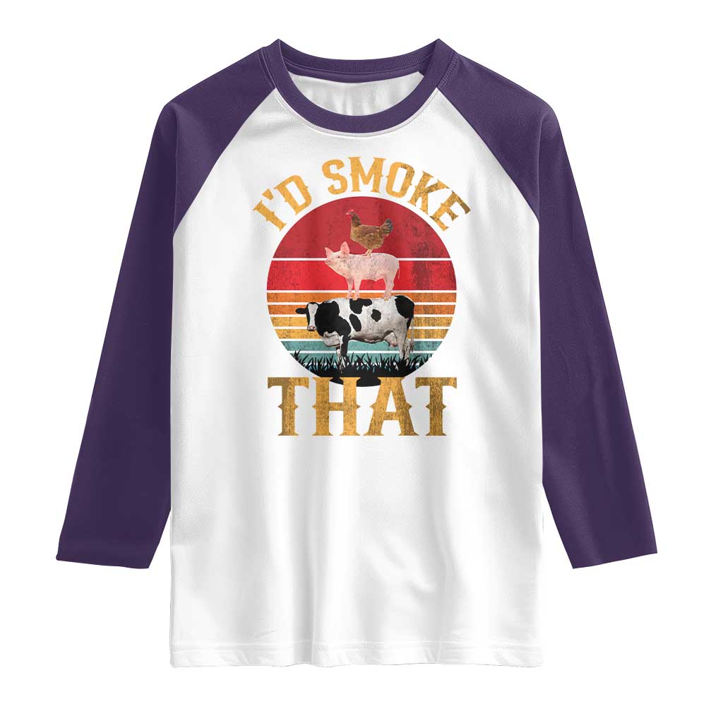 Funny BBQ Raglan Shirt I'd Smoke That Barbecue Retro Grilling Gift TS10 White Purple Print Your Wear