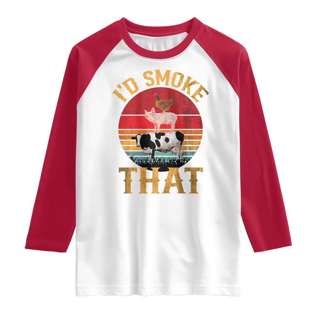 Funny BBQ Raglan Shirt I'd Smoke That Barbecue Retro Grilling Gift TS10 White Red Print Your Wear