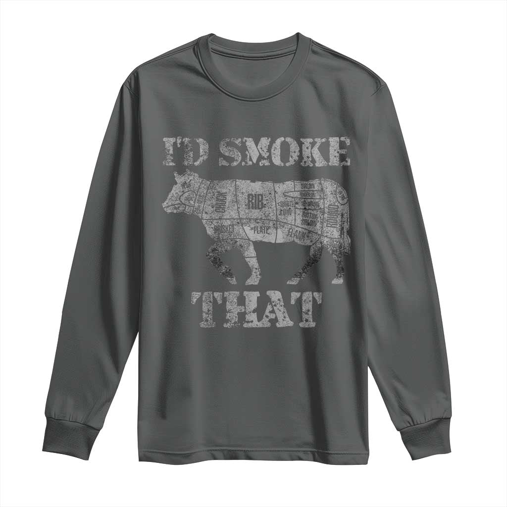 Funny BBQ Long Sleeve Shirt Chef Butcher Cook BBQ I'd Smoke That Cow Beef TS10 Dark Heather Print Your Wear