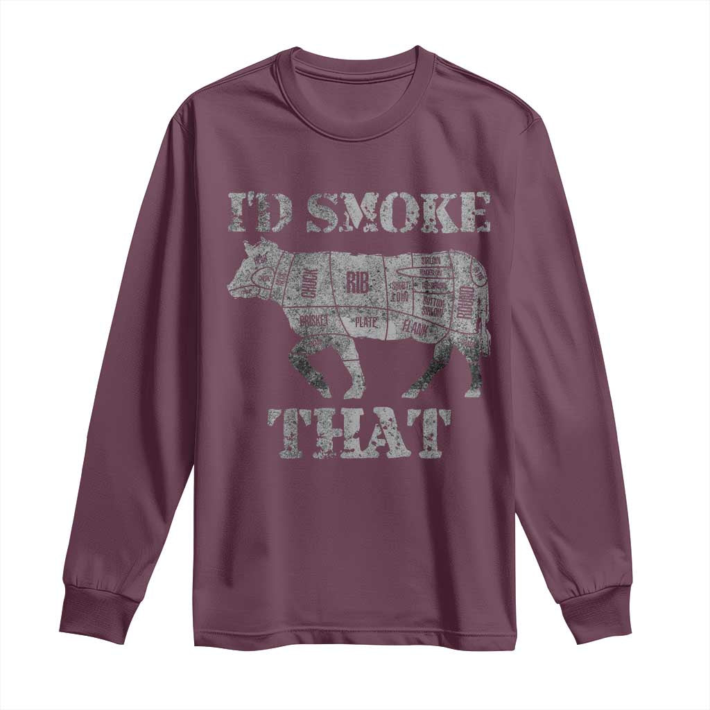 Funny BBQ Long Sleeve Shirt Chef Butcher Cook BBQ I'd Smoke That Cow Beef TS10 Maroon Print Your Wear