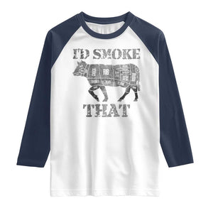 Funny BBQ Raglan Shirt Chef Butcher Cook BBQ I'd Smoke That Cow Beef TS10 White Navy Print Your Wear
