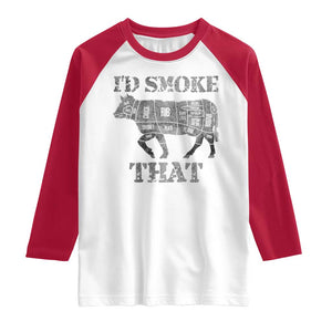 Funny BBQ Raglan Shirt Chef Butcher Cook BBQ I'd Smoke That Cow Beef TS10 White Red Print Your Wear