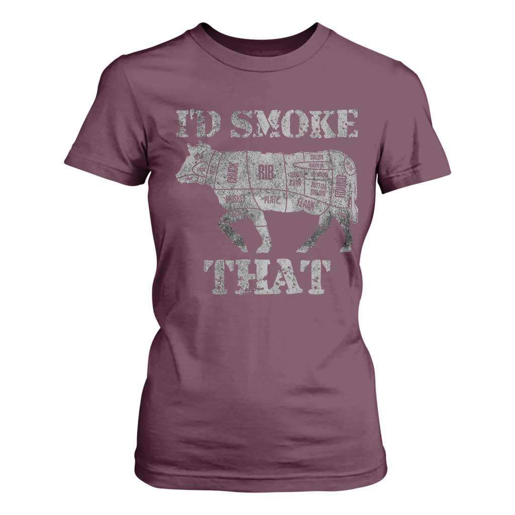 Funny BBQ T Shirt For Women Chef Butcher Cook BBQ I'd Smoke That Cow Beef TS10 Maroon Print Your Wear