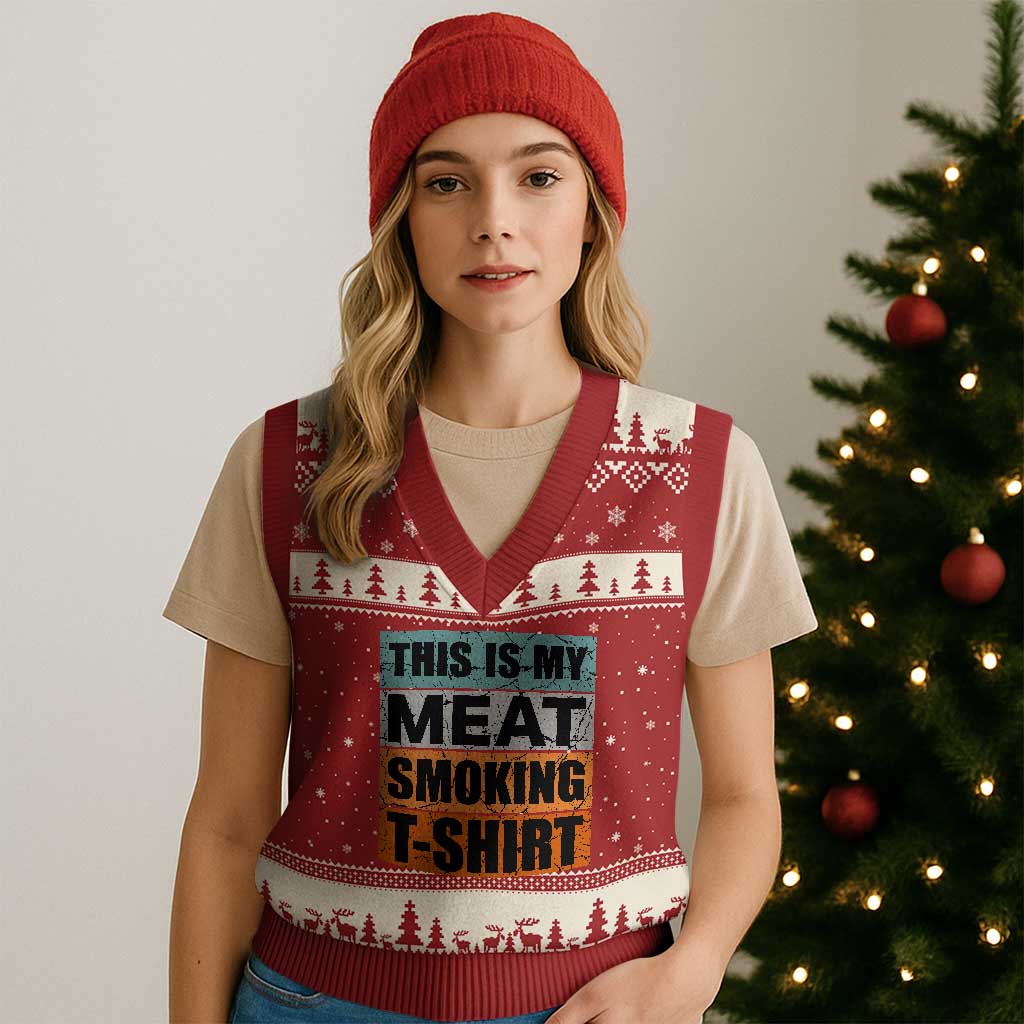 Retro BBQ Smoker This is My Meat Smoking V-Neck Knit Sweater Vest TS10 Red Beige Print Your Wear