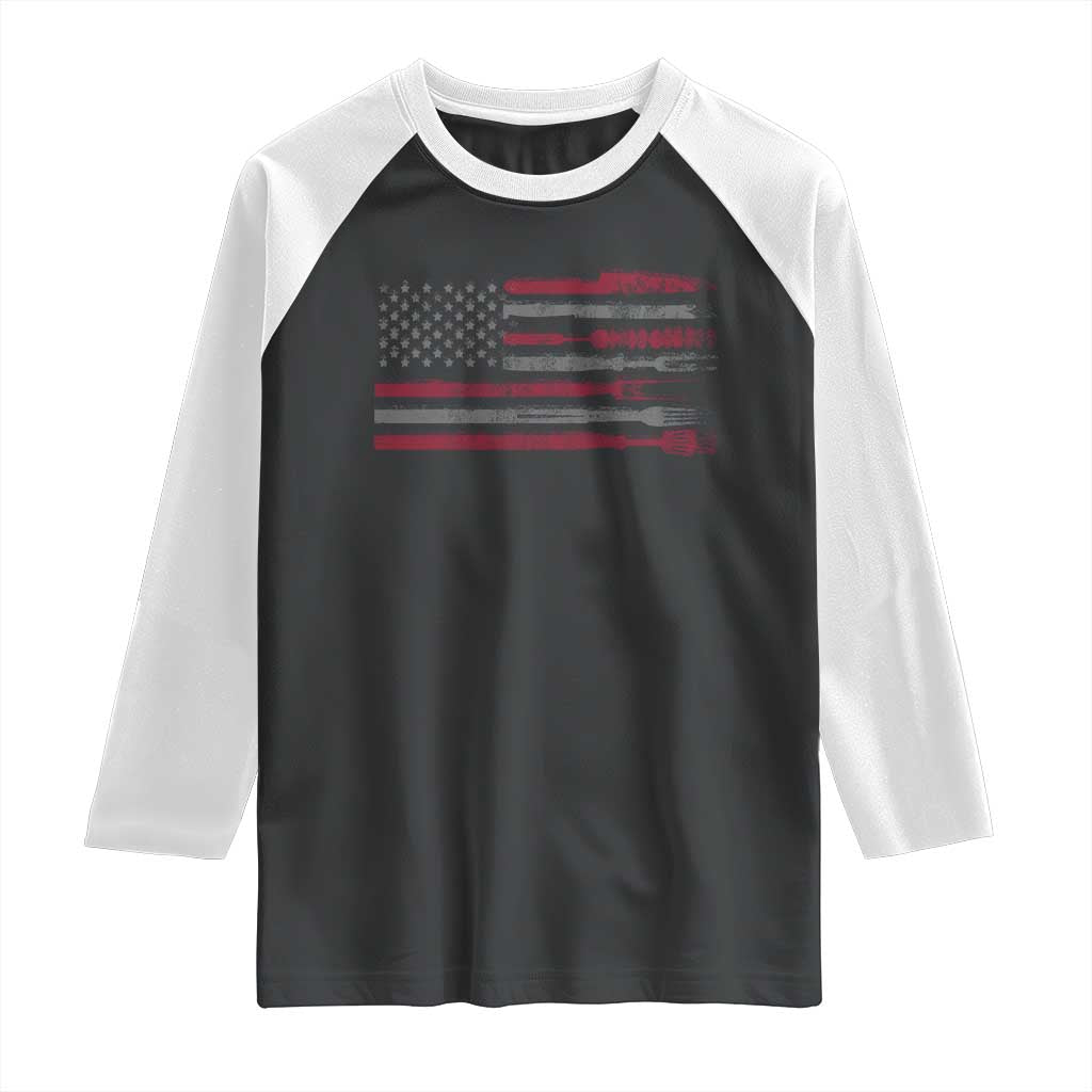 BBQ Raglan Shirt With Red Line American Flag Meat Smoker Grilling Gifts TS10 Black White Print Your Wear