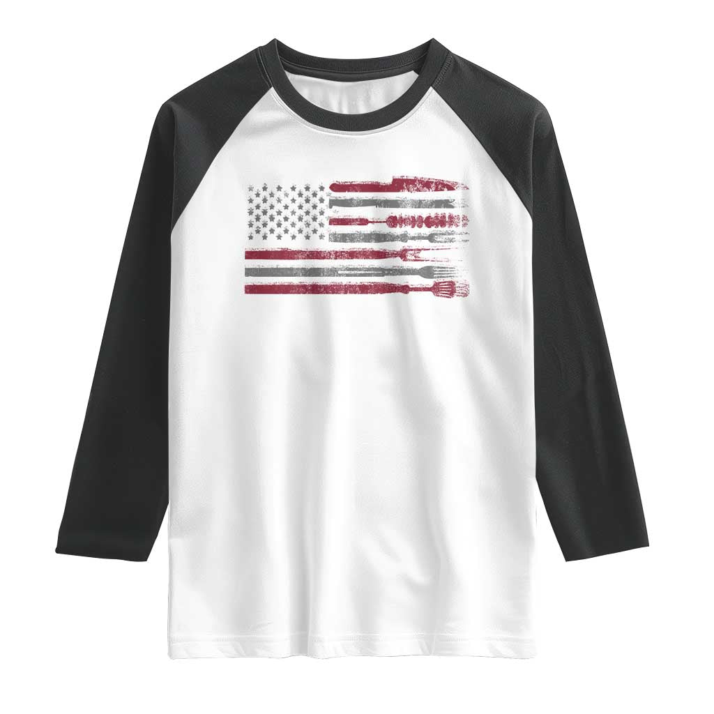 BBQ Raglan Shirt With Red Line American Flag Meat Smoker Grilling Gifts TS10 White Black Print Your Wear