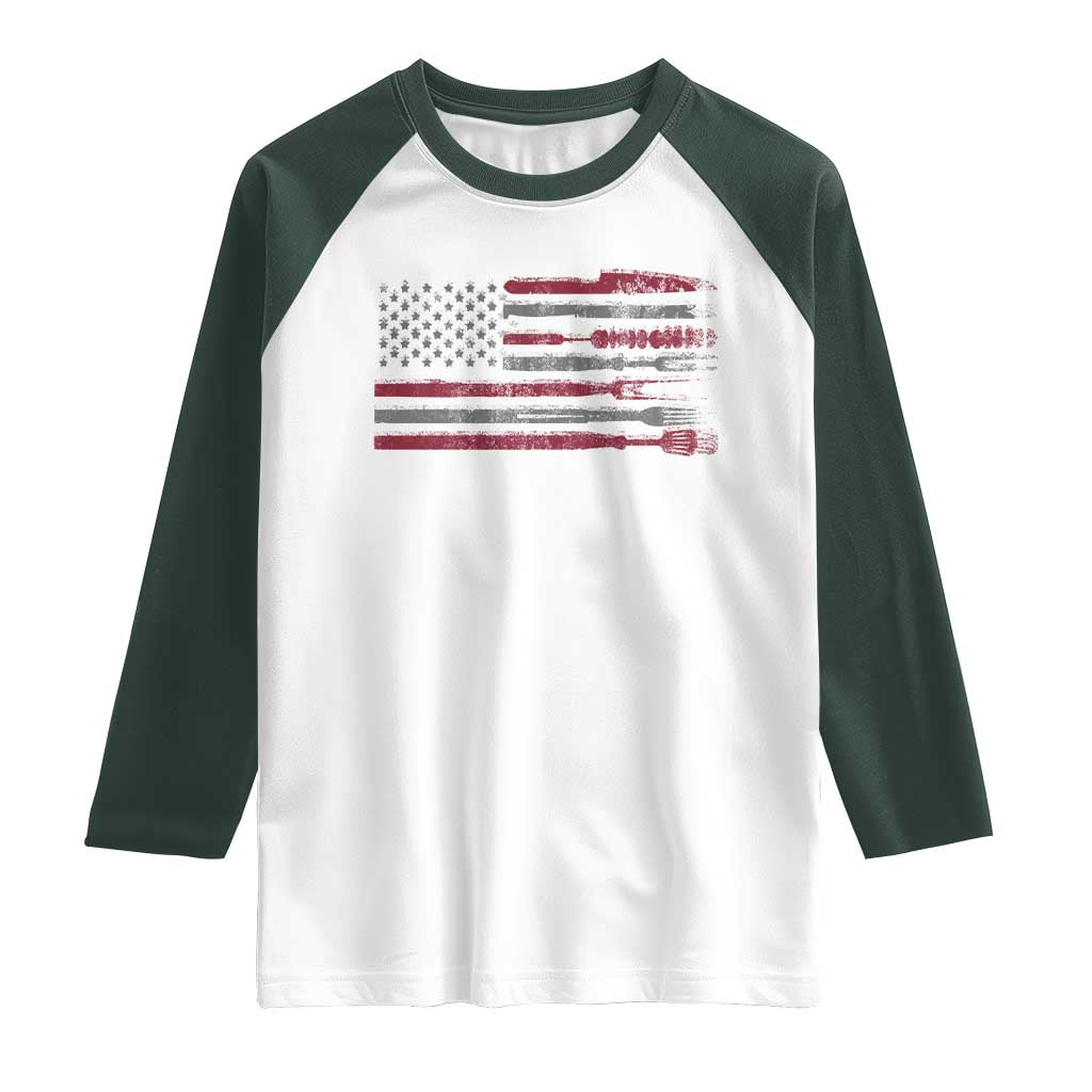 BBQ Raglan Shirt With Red Line American Flag Meat Smoker Grilling Gifts TS10 White Dark Forest Green Print Your Wear
