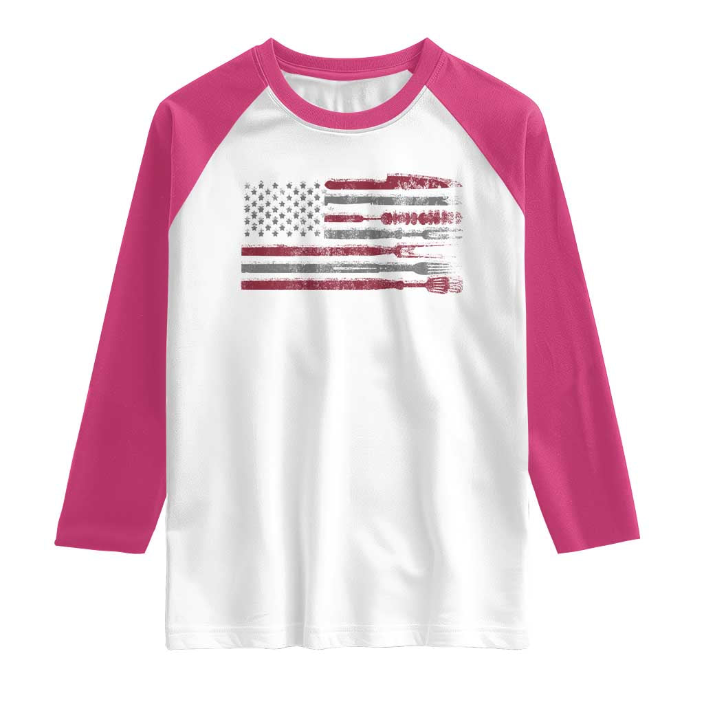 BBQ Raglan Shirt With Red Line American Flag Meat Smoker Grilling Gifts TS10 White Heliconia Print Your Wear