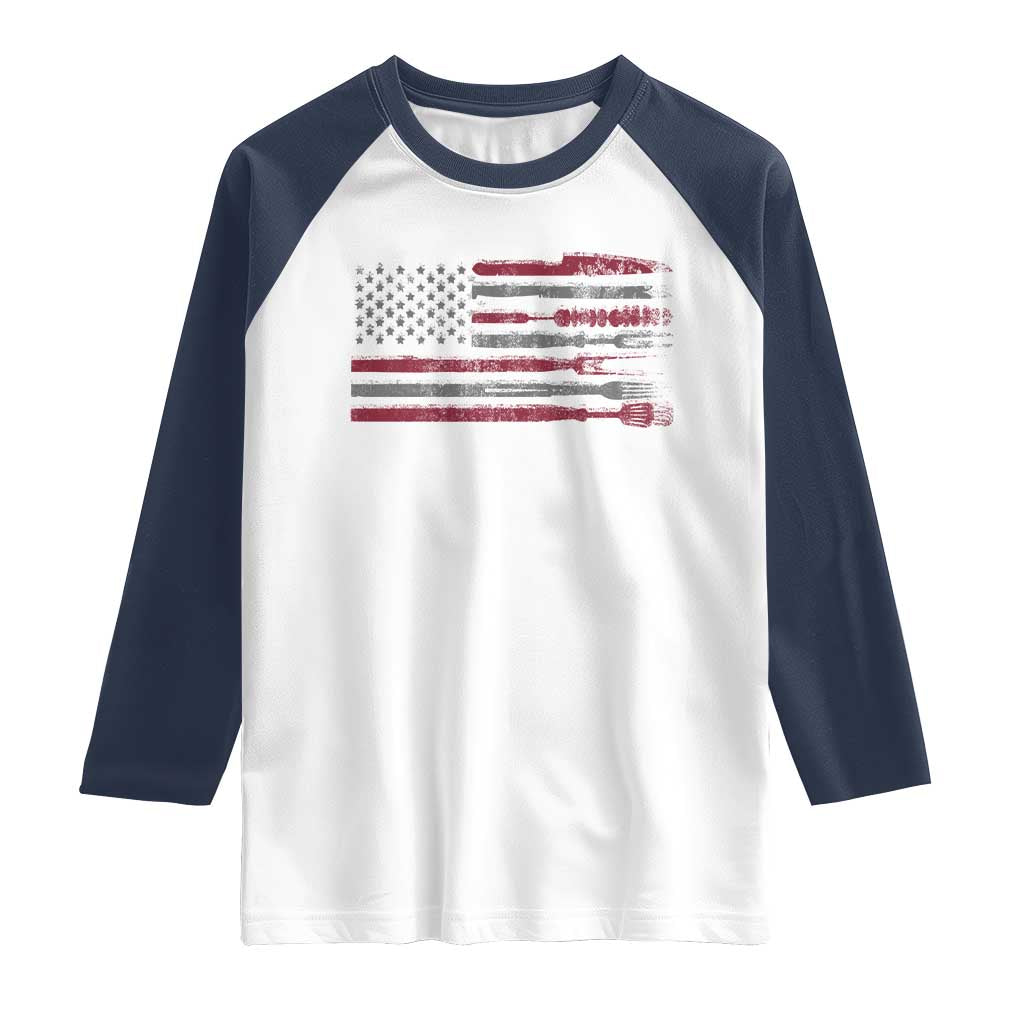 BBQ Raglan Shirt With Red Line American Flag Meat Smoker Grilling Gifts TS10 White Navy Print Your Wear