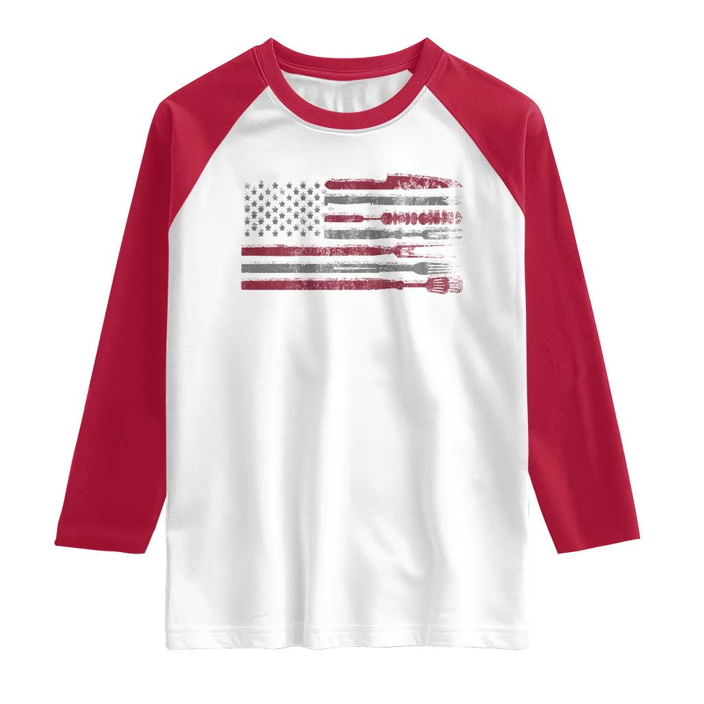 BBQ Raglan Shirt With Red Line American Flag Meat Smoker Grilling Gifts TS10 White Red Print Your Wear