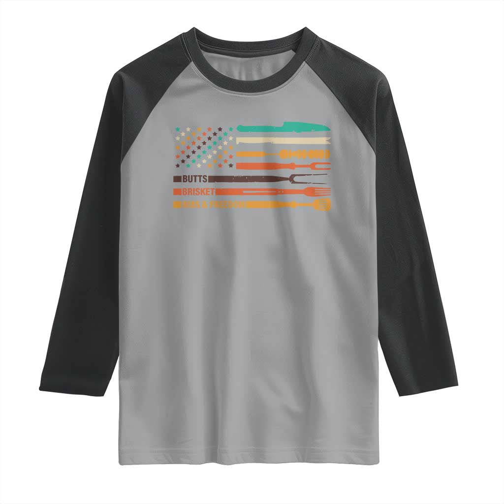 BBQ Raglan Shirt With American Flag Brisket Butts Ribs and Freedom Grilling Gifts TS10 Sport Gray Black Print Your Wear