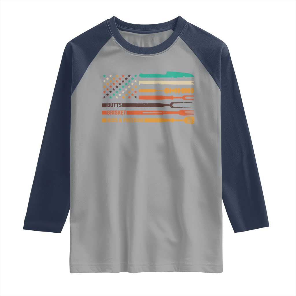 BBQ Raglan Shirt With American Flag Brisket Butts Ribs and Freedom Grilling Gifts TS10 Sport Gray Navy Print Your Wear