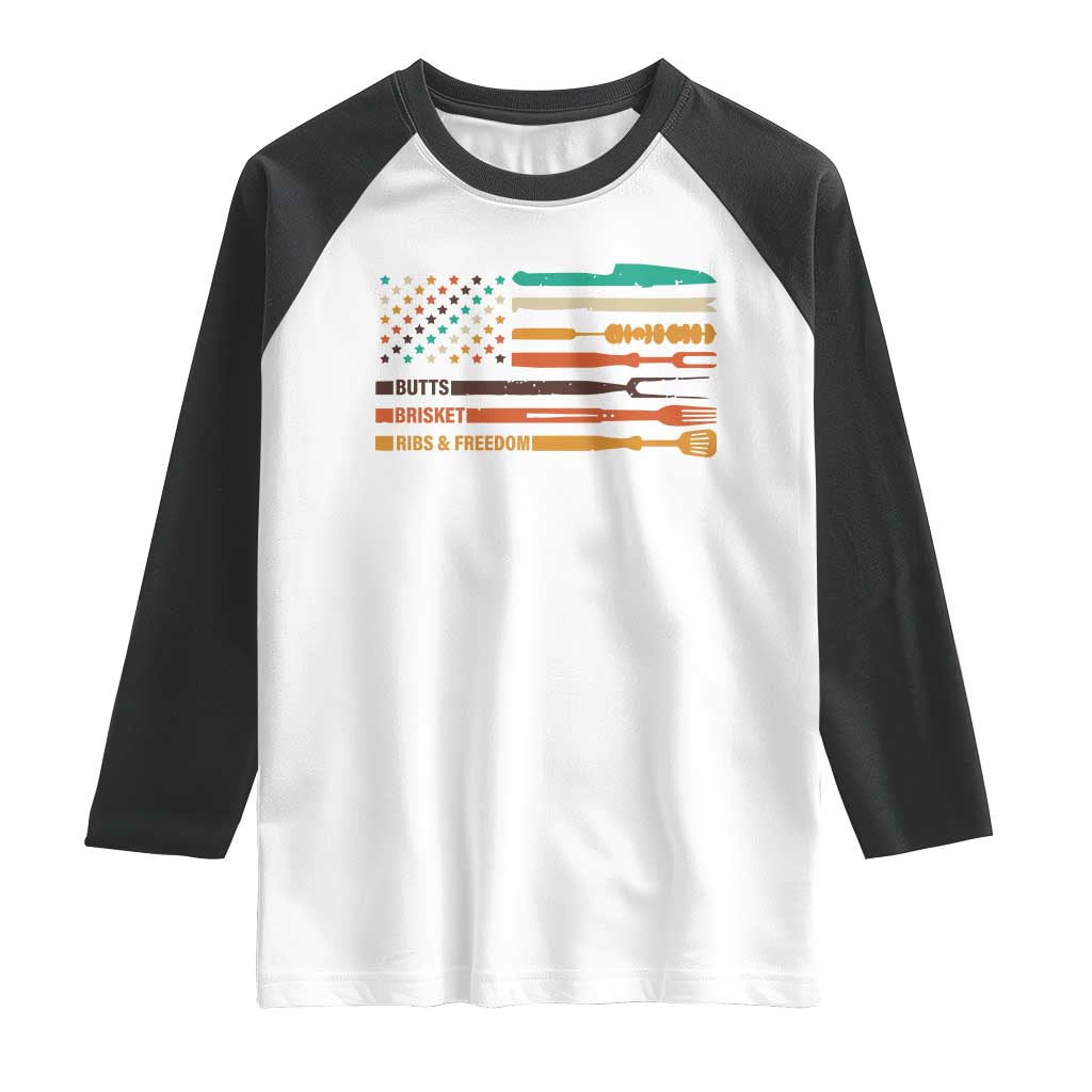 BBQ Raglan Shirt With American Flag Brisket Butts Ribs and Freedom Grilling Gifts TS10 White Black Print Your Wear